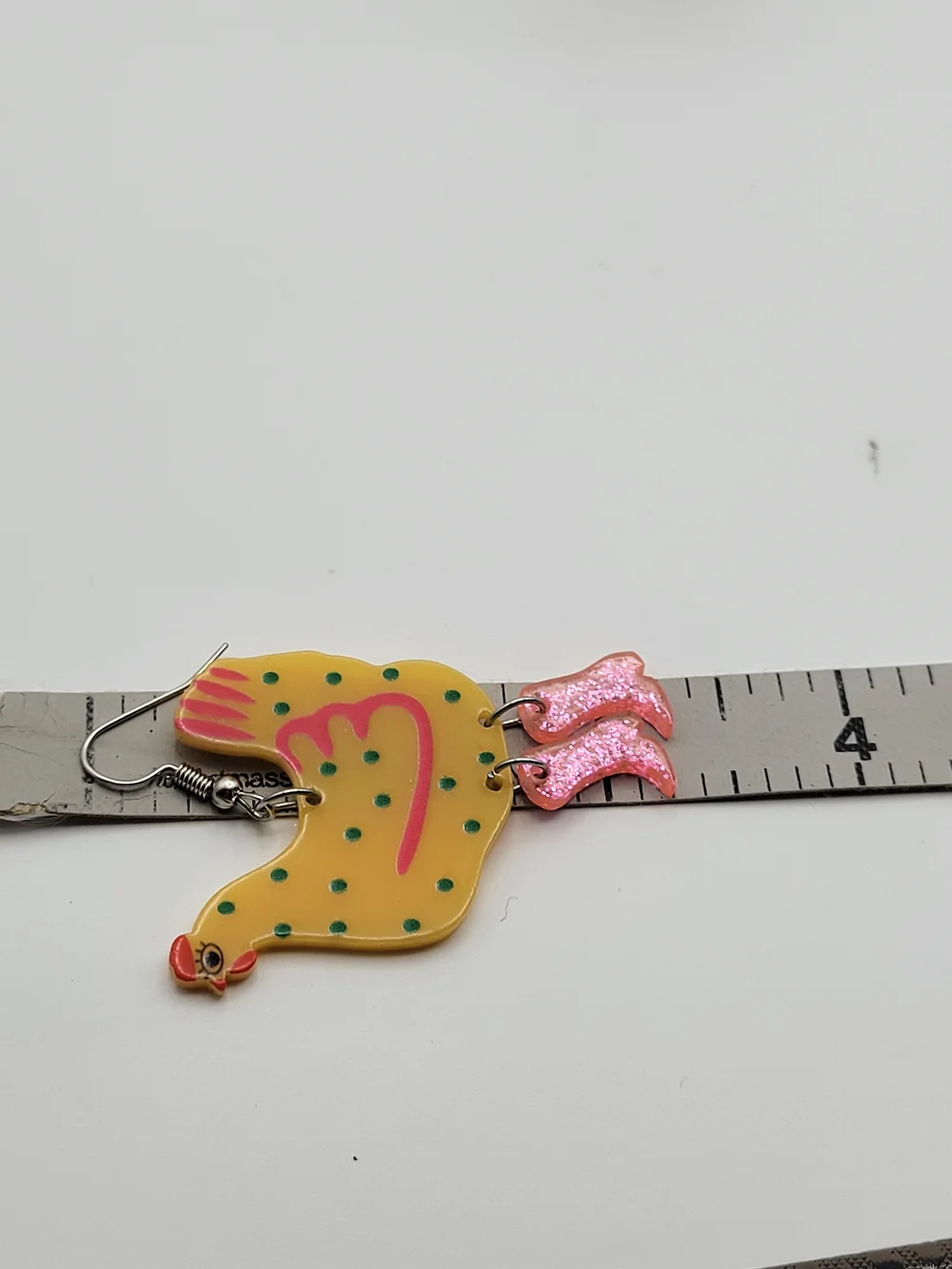Funny Funky Yellow pink Glitter Chicken Dangle earrings - Picture 8 of 8